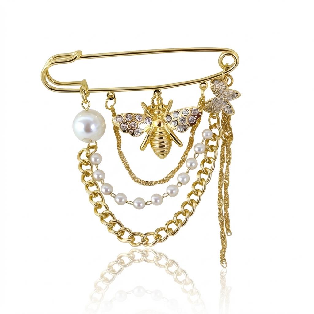 Elegant Bee Butterfly Rhinestone Brooch Multi Layer Chain Tassel Pearl Pin for Women Suit Coat Lapel Jewelry