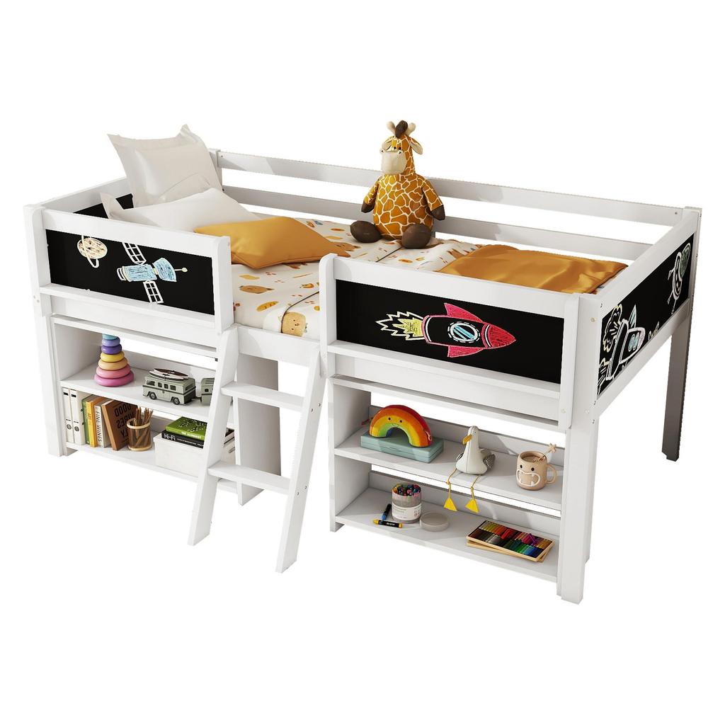 Kinderbett 90x200 cm, Hochbett mit Stauraum und Rausfallschutz, Jugendbett mit Leiter, Lattenrost - Kiefer massivholz, ohne Matratze