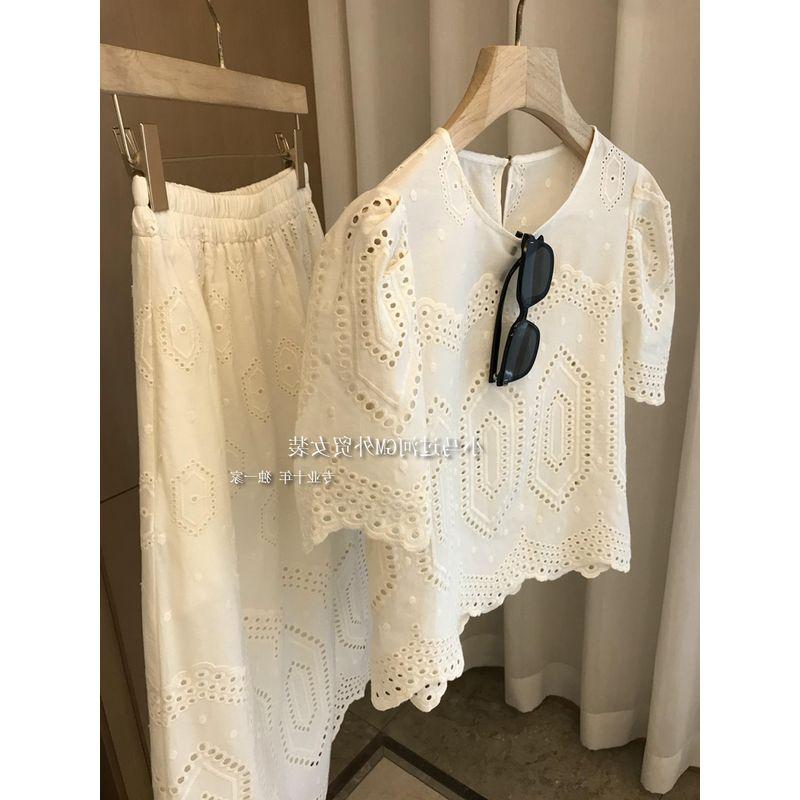 

Действительно Супер Красиво ~ Очень Нежно!! Французская Тяжелая Промышленность Полая Вышивка Темпераментная Рубашка + Юбка на Эластичной Талии Женская Heavy French Hollow Embroider S