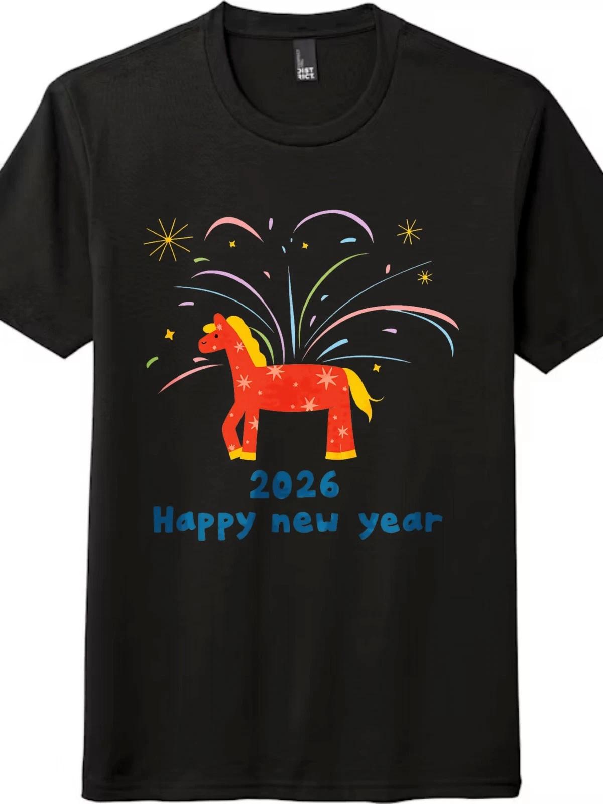 

Fireworks 2026 Year of The Horse Graphic T-Shirt Unisex S-5XL Cotton Cartoon Tee L