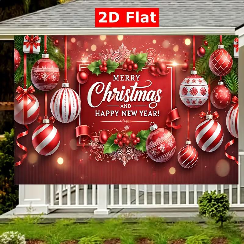 2D Merry Christmas Happy New Year Backdrop Red Ball Ornament Photo Booth Banner