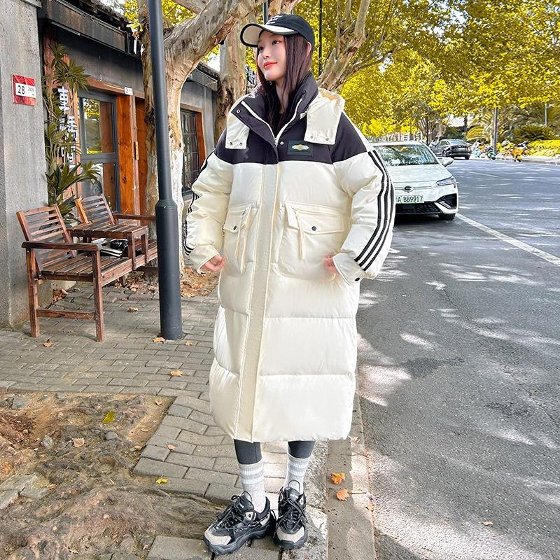 Fashion Down Cotton-padded Clothes Women's Hooded Jacket Over the Knee Loose and Thin Contrasting Colors Long Cotton-padded Jacket Trendy