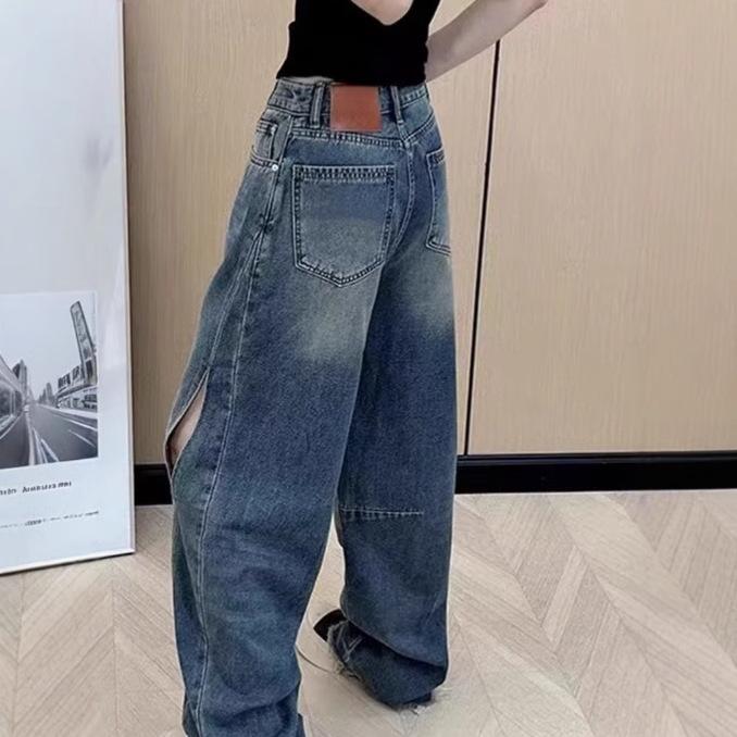 Plus Size Retro High Waist Wide-Leg Jeans for Women - Slimming, Floor-Length, Spring/Autumn