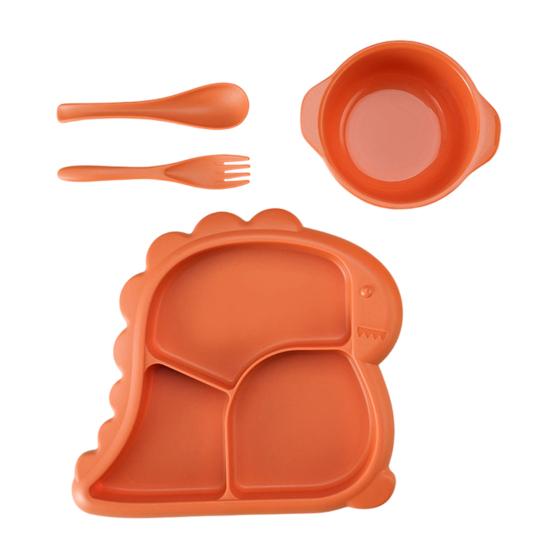 

4Pcs/Set Dinner Plate Dinosaur-Shaped Divided Plate Including Bowl Spoon Fork Ergonomic Baby Feeding Utensils Easy to Clean Safe for Kids