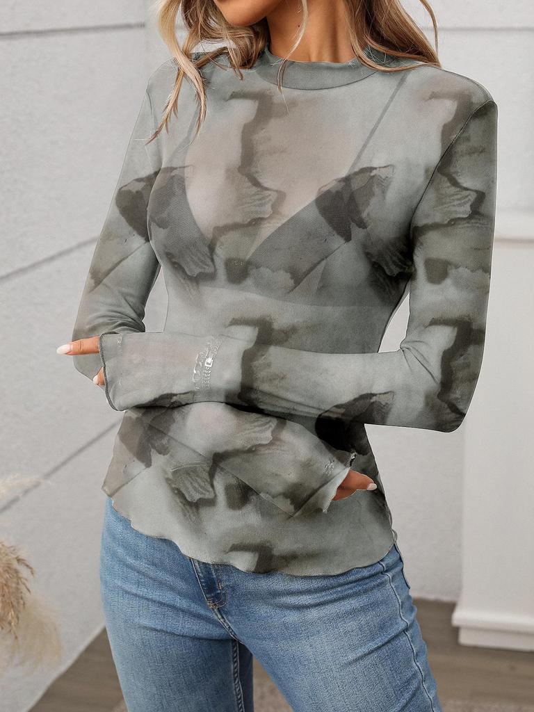 European American Women's High Neck Y2K Mesh Top - Sexy See-through Long Sleeve T-shirt