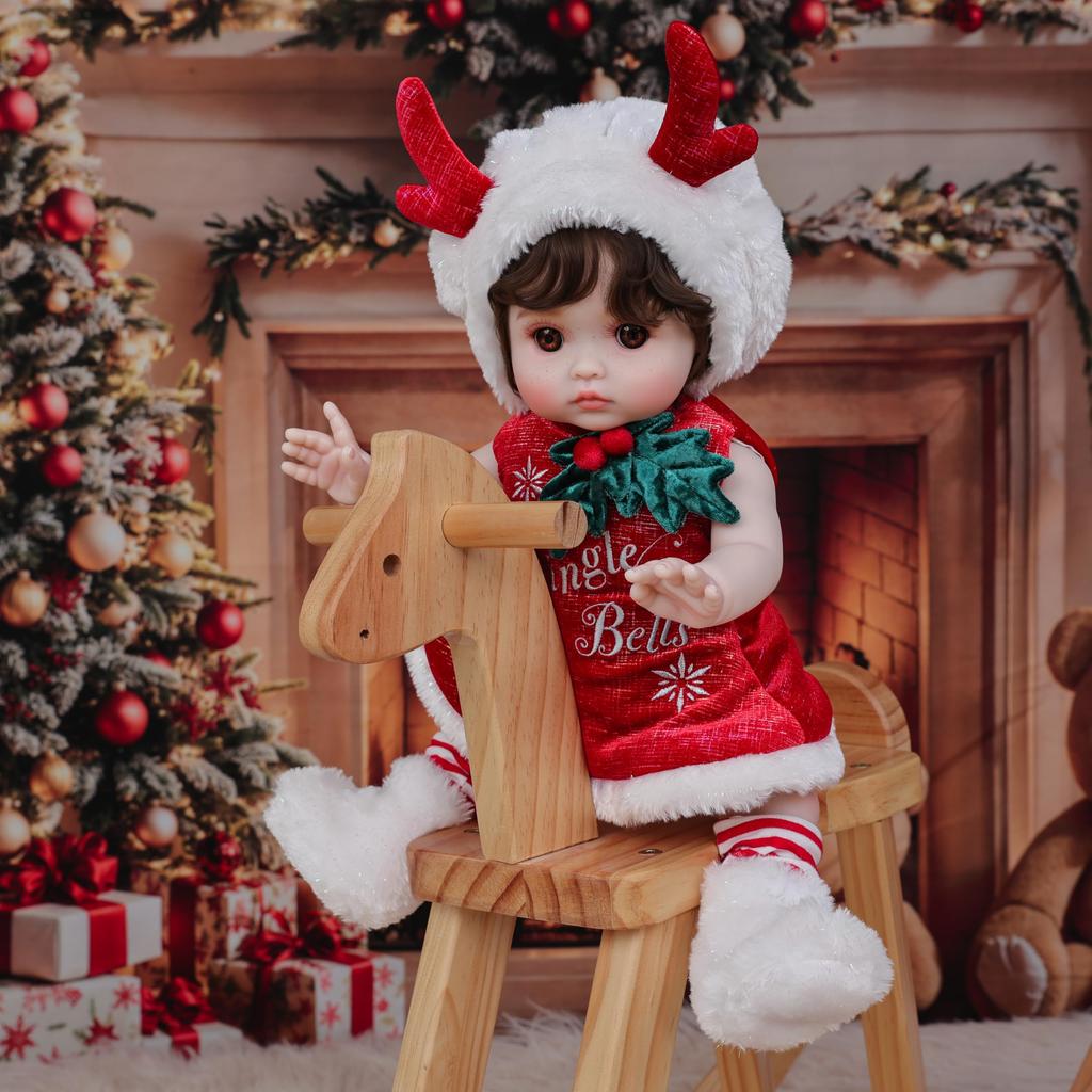 Cloveray 18-Zoll Vinyl Weihnachten Reborn Puppe, Rotes Hirschgeweih Outfit Baby Puppe, Handbemaltes Hochfarbiges Make-up, Perfekt für Sammlung & Geschenk, Auch