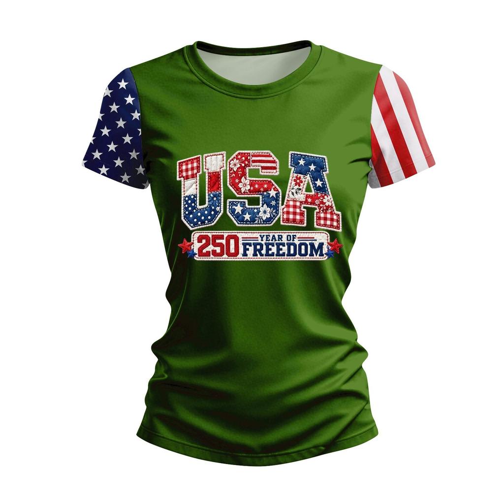 Blusa Feminina da Moda Casual de Manga Curta com Estampa e Gola Redonda