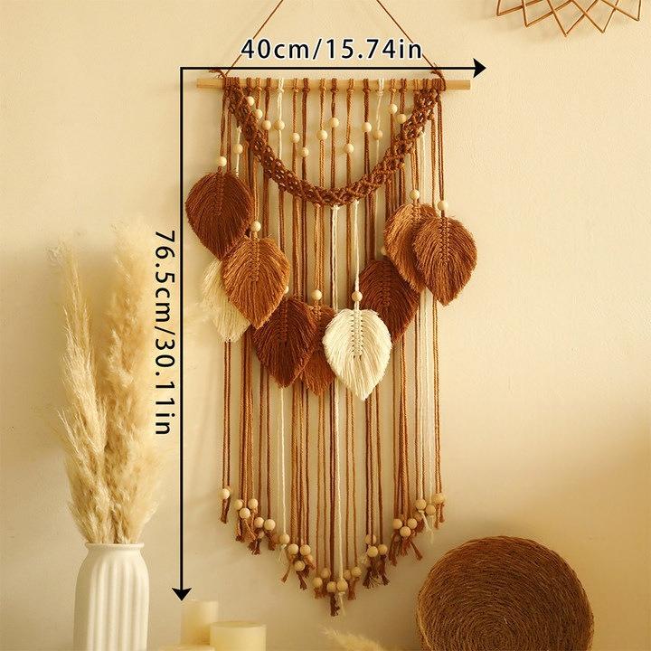 Handmade cotton thread weaving wooden bead leaf tapestry minimalist home decor bedroom homestay wall decoration