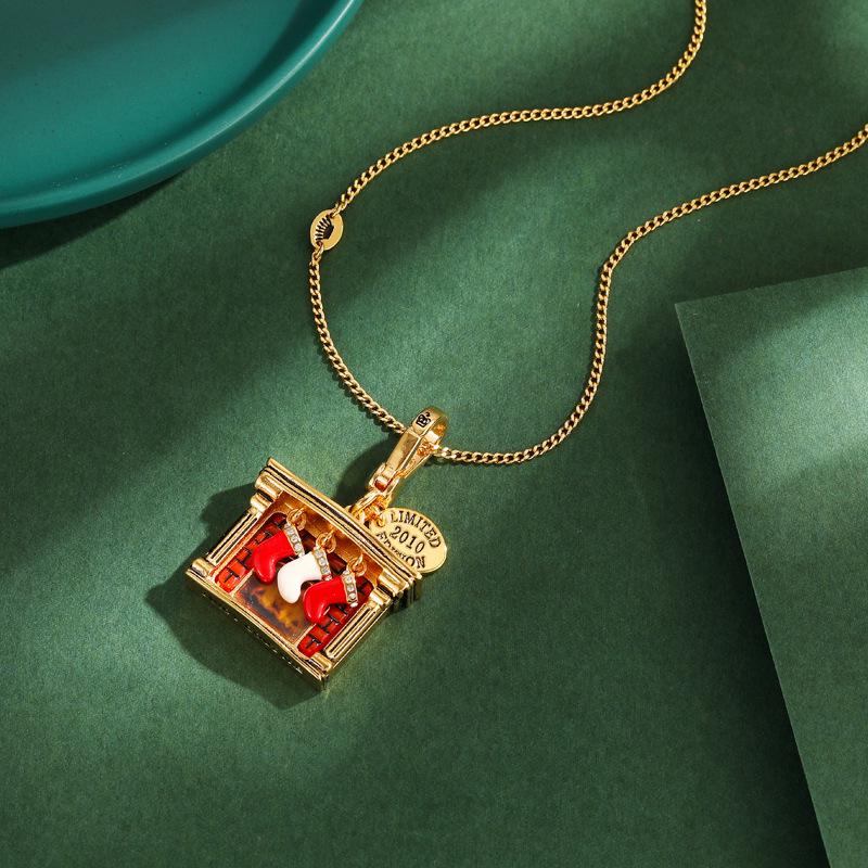 Elegante Retro Emaille Kamin Strumpf Anhänger Halskette – Ein Schöner Schmuck und Weihnachtsgeschenk