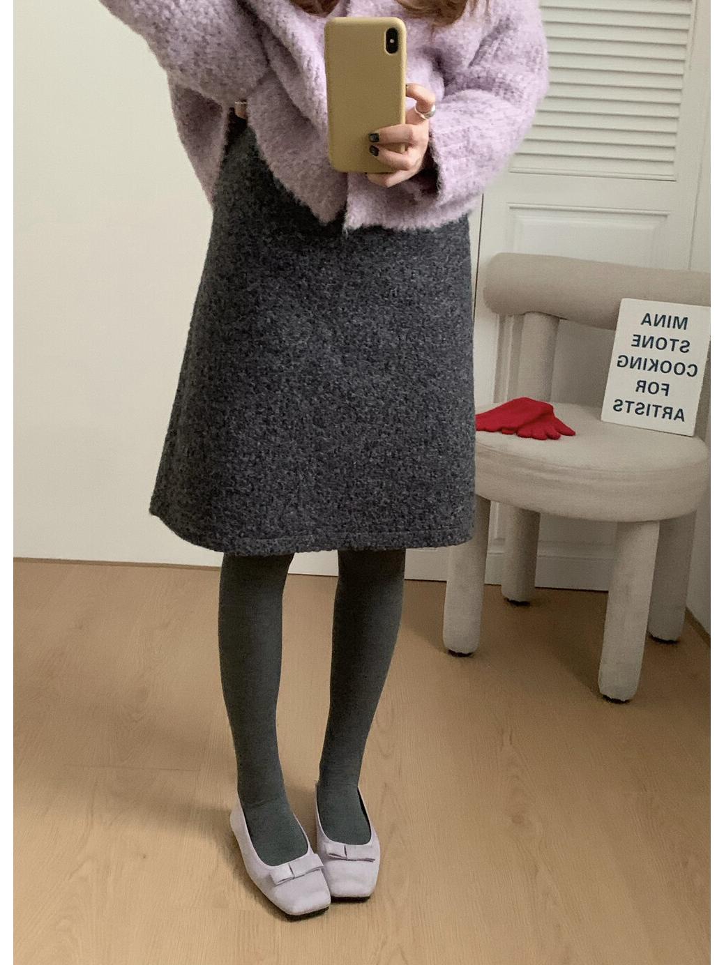 Korean Style High-Waist Slimming Bouclé Wool Midi Skirt - Winter 2025 Large серый