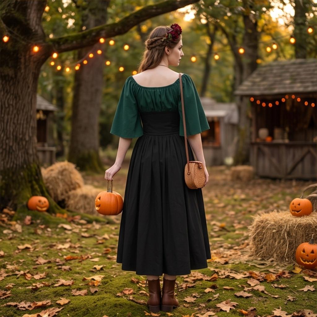 Damen schulterfreies Vintage-Kleid mit voller Glockenrock für Halloween-Kostüm