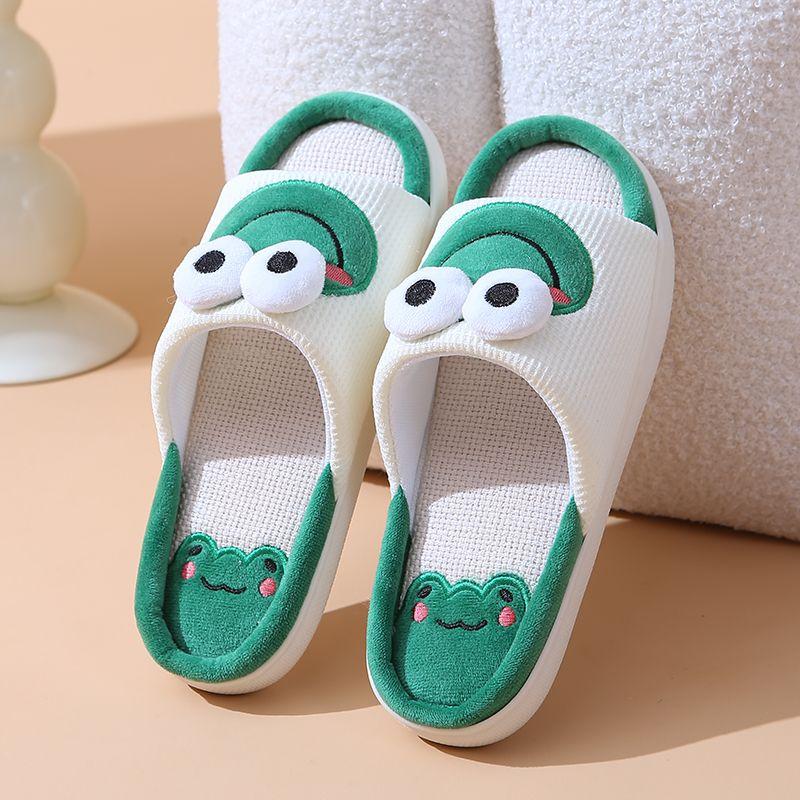 Søte dyr Lintøfler Kvinner Par Sklisikker Tykksåle Vår Sommer Bomull Lin Kule tøfler Hjemmetøfler