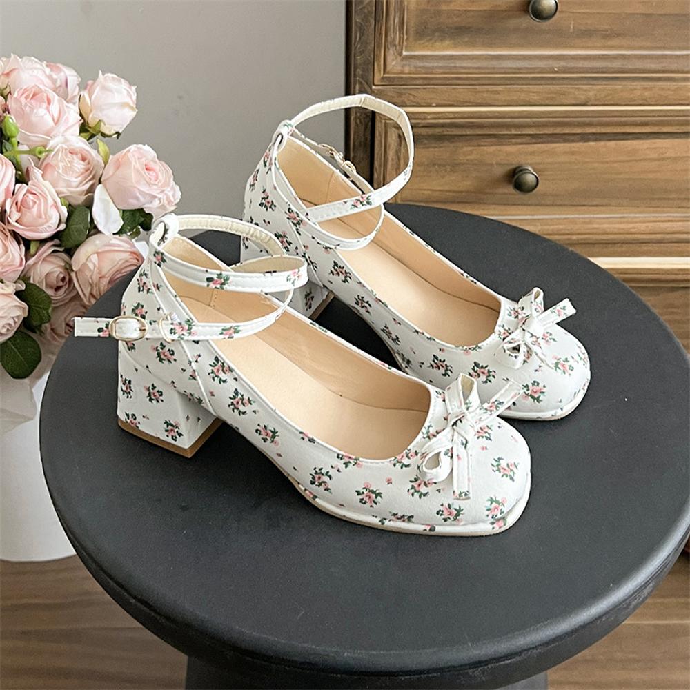 Summer 2025 New French Style Women's Cross Band Thick Heel Mary Janes Floral Embroidery Low Cut Single Shoes Elegant Leather