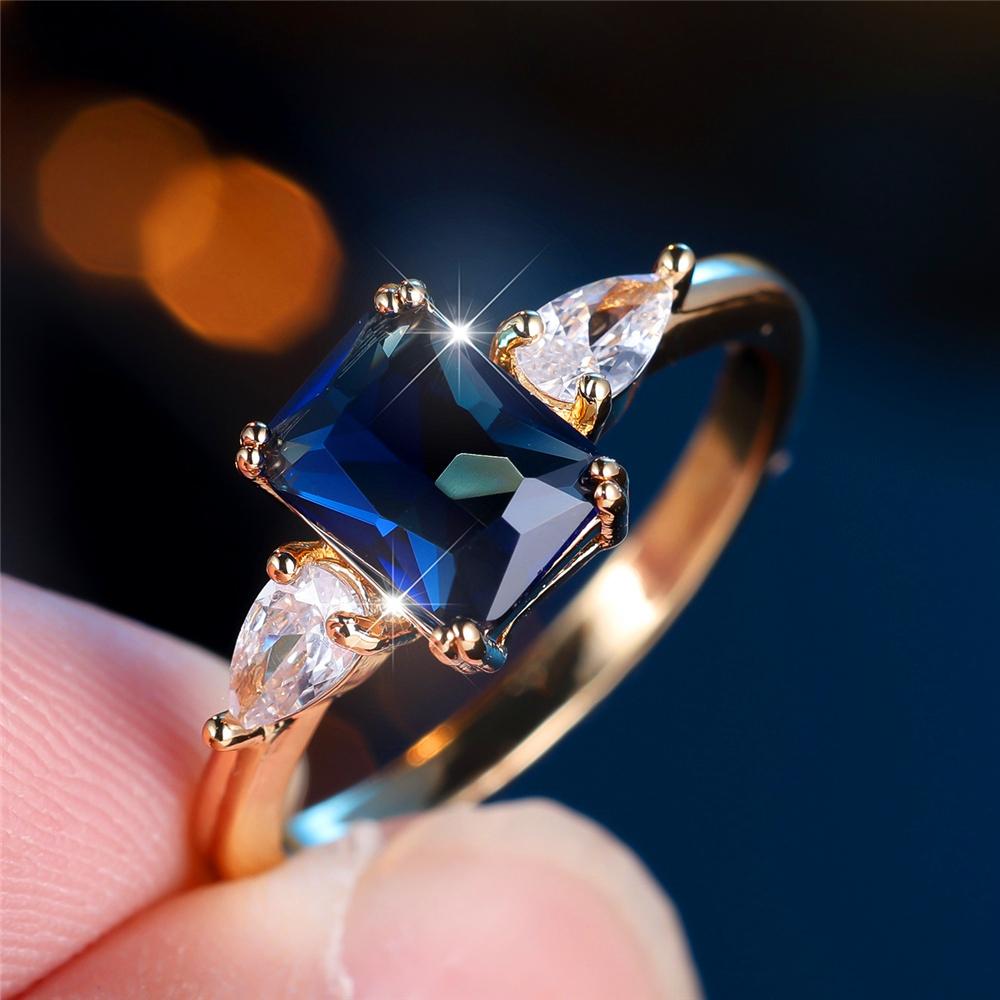 Trendy Blue Zircon Crystal Squarel Stone Vintage Gold Color Wedding Bands Engagement Rings For Wome Jewelry