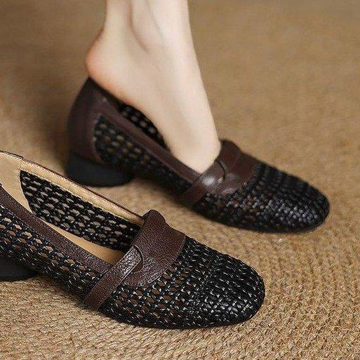 Single shoes women's summer low heel thick heel soft sole breathable hollow mesh small leather shoes are not tired