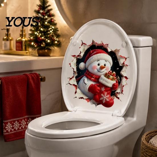 Removable Winter Themed Wall Art Christmas Toilet Decals, 3D Snowman Cover Sticker, Waterproof Funny Bathroom Seat Decor Sticker for Holiday Home Lid