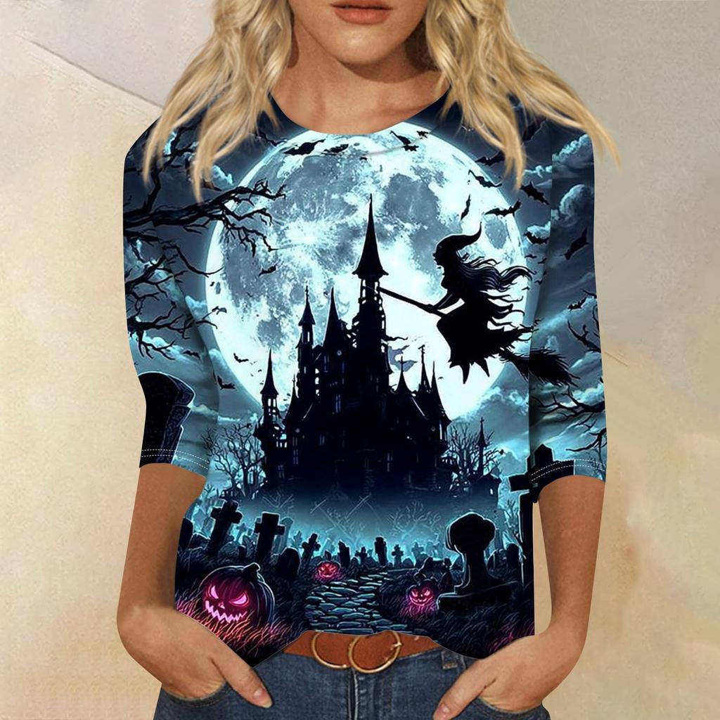 Women's Fashion Casual Round Neck Three-quarter Sleeve Halloween Printed T-shirt Top