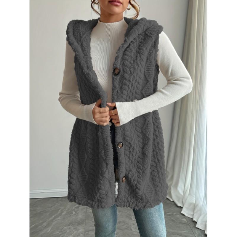 Women's Solid Color Knit Textured Fluffy Hooded Front Open Sleeveless Long Casual Plush Vest