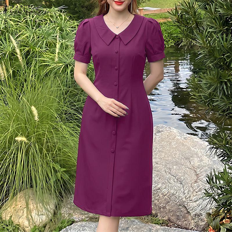ZANZEA Women Casual V-Neck Solid Color Summer Short Sleeve Dress S фиолетовый