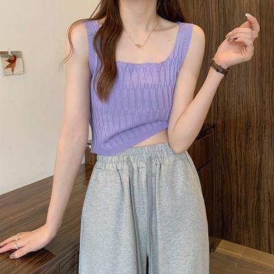 Gerollte Slim Kurze Gestrickte Trägerweste für Damen Im Sommer Neues Nabel-freies Unterzieh-Ärmelloses Top