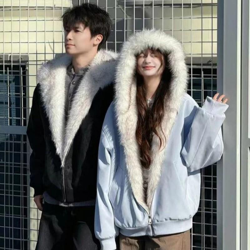 Unisex Hooded Fleece-Lined Cotton Puffer Jacket Winter Warm Short Coat Men Women Casual Streetwear