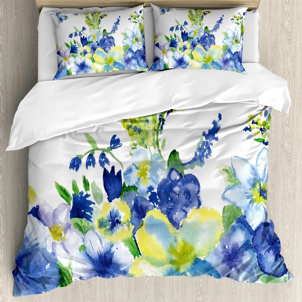 Watercolor Flower Duvet Set Bedding Three-Piece Set