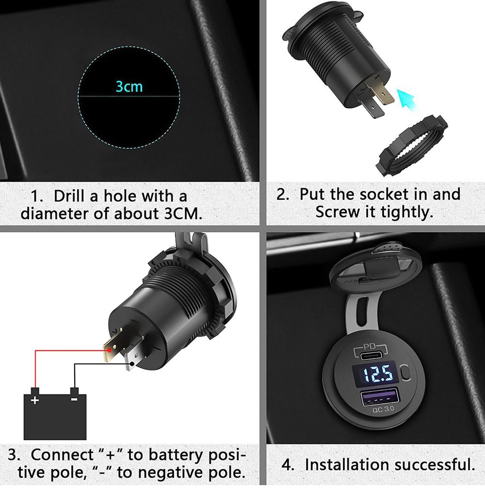 USB C Car Charger Socket 12V/24V Dual USB Socket PD3.0 and QC3.0 Car USB Port with LED Voltmeter and On/Off Switch