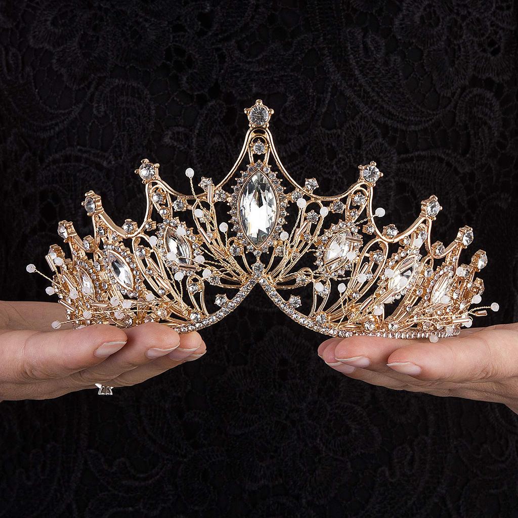 Elegante Barock-Hochzeitskrone für die weibliche Braut, Kristallperlen, Königinkrone, Braut-Tiara, Prinzessinnen-Haar-Accessoire, Schwarz