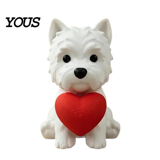 Office Desk Pet Decor 3D Printed West Highland Terrier Figurine, Cute Dog Statue Holding Red Heart, Small Sculpture Car Dashboard Decor,