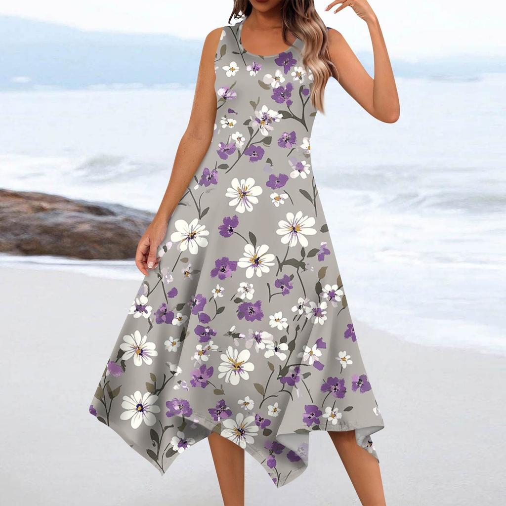 Women's Summer Fashion Round Neck Sleeveless Floral Print Irregular Hem Midi Dresses