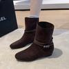 2025 autumn and winter new versatile French leather flat-bottomed short boots women's single boots fashion boots belt buckle short boots