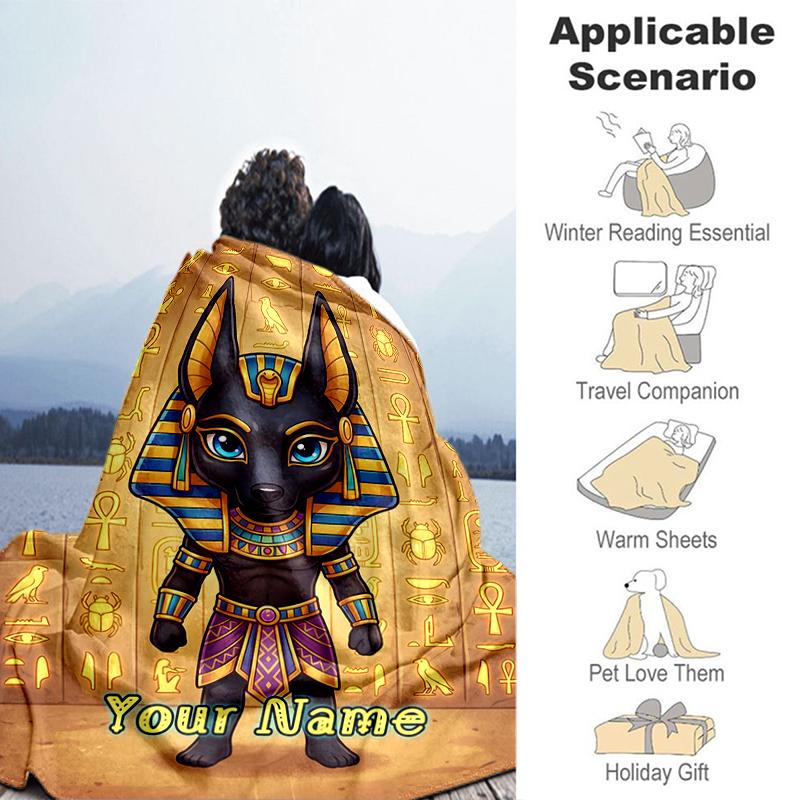1PC Custom Name Ancient Egyptian God Anubis flannel blanket versatile,all-season throw suitable for the living room,bedroom,camping,travel,and gift