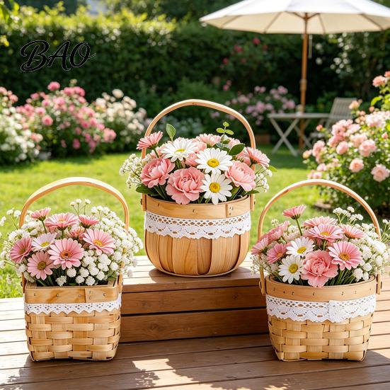 Hand-woven Flower Basket Basket, with Lace Decor, Hand-Woven Wicker Rattan Rustic Wood Portable Floral Gift Handmade