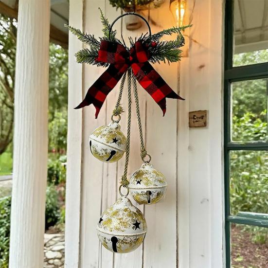 Christmas Bell Decoration 17.7" Hanging Jingle Bells with Plaid Bow Pine Needles Red Berries Rustic Holiday for Door