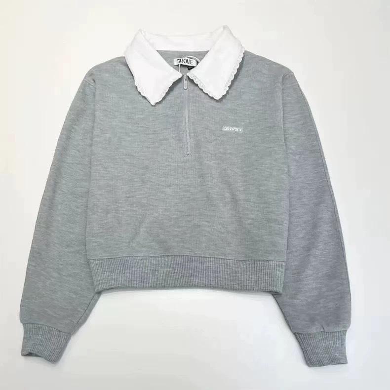 

Свитшот Spot Korean 2024 Autumn Cute с кружевной отделкой и полумолнией на лацкане One Size [Y Label] серый