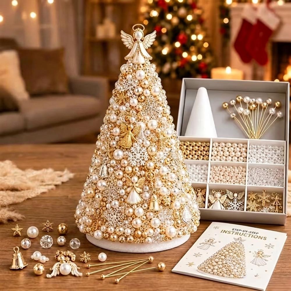 Colorful Beads DIY Beaded Christmas Tree Kit Educational Handmade Tabletop Christmas Tree Set Star Topper Faux Pearl