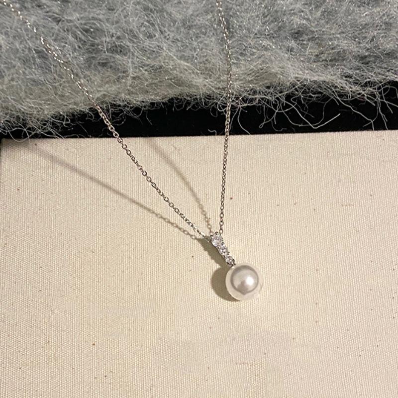 S925 Sterling Silver Pearl Necklace Fashion Temperament Zircon Pendant Light Luxury Simple High-end Sweater Chain