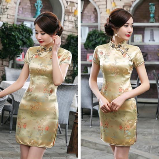 Women Chinese Dragon Phoenix Embroidery High Neck Short Sleeve Split Mini Dress