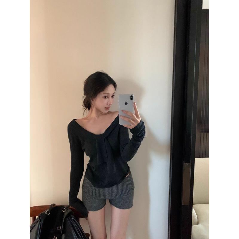 Kumikumi Pure Desire Set Lace-up Temperament Long sleeve Knit Women Autumn High Waist Slimming Casual Pants Two-piece Set