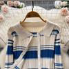 Autumn and Winter Small Fragrant Wind Stripes Collision Color Sexy Lapel Striped Knit Shirt Plus Halter Dress Two-piece