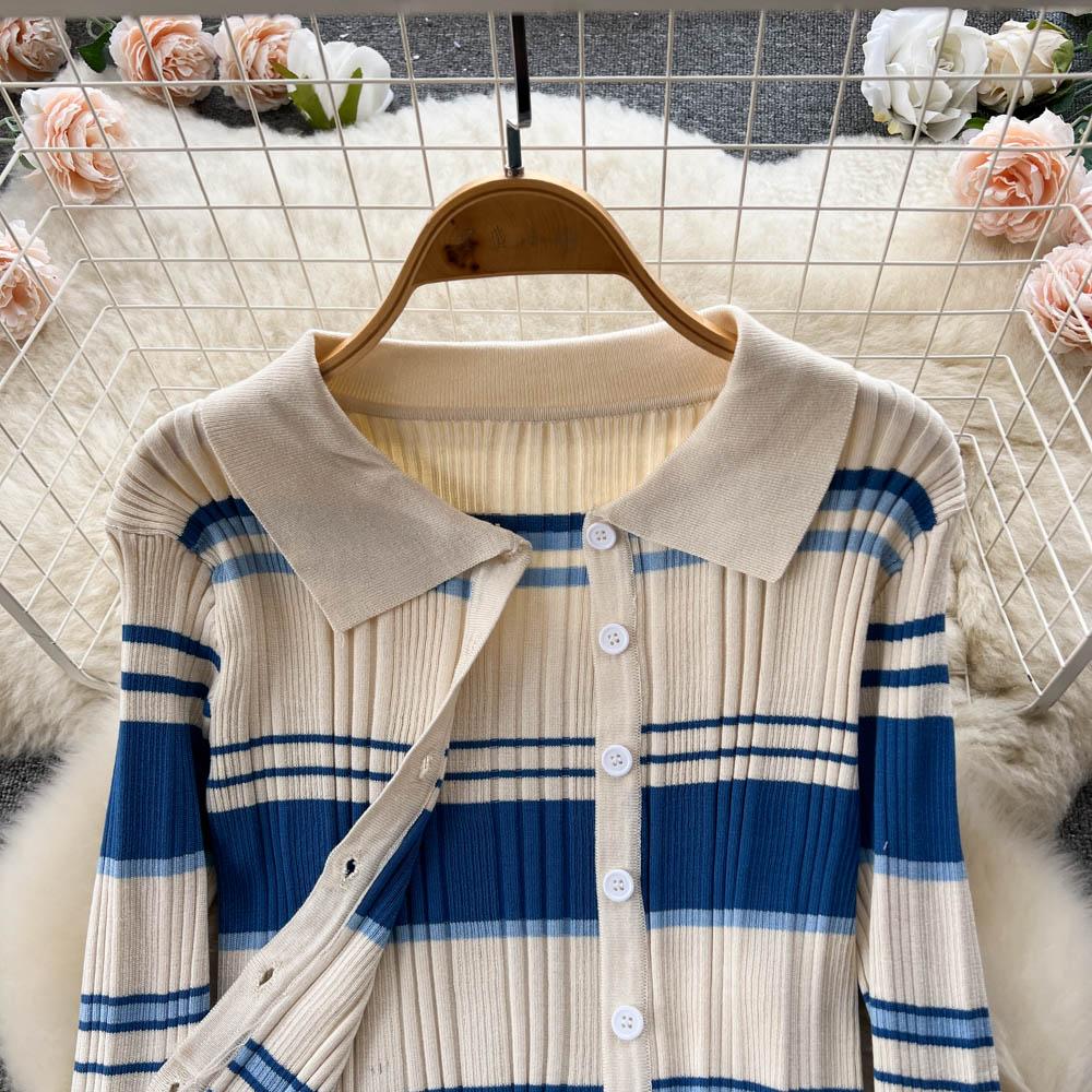Autumn and Winter Small Fragrant Wind Stripes Collision Color Sexy Lapel Striped Knit Shirt Plus Halter Dress Two-piece