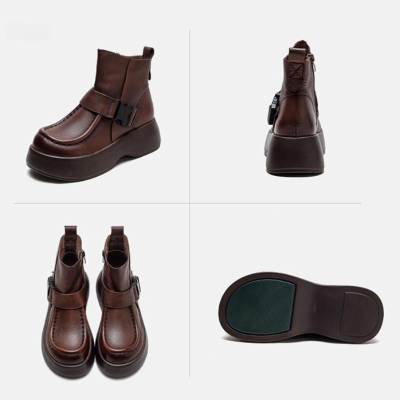 Johnature Versatile Retro Short Boots Thick Sole Genuine Leather Boots Comfortable Women's Shoes
