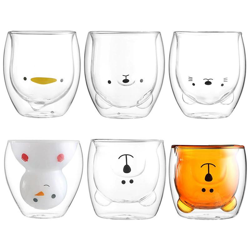 250ml Creative Cute Bear Double-layer Coffee Mug Double Glass Animal Milk Glass Lady Cute Cat Duck DogChristmas Gift Bar Tool