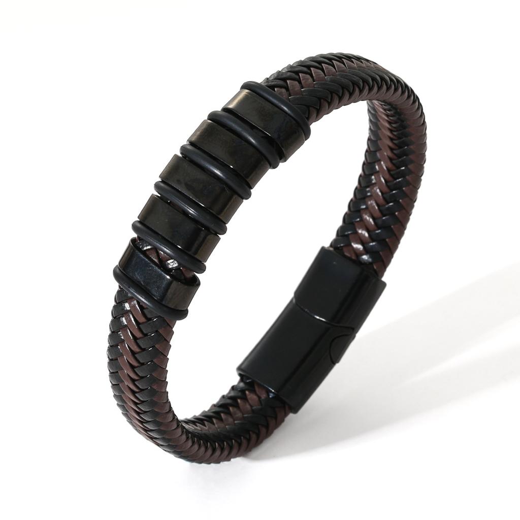 Luxury Punk Mens Double-Row Braided Leather Bracelet Bangle Rope Black Wristband with Stainless Steel Gift for Boy Male Father Jewelry Accessories