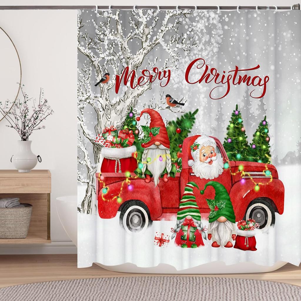 Gnome Elf & Santa Claus Truck Shower Curtain With Snowy Xmas Birds Tree Design, Festive Winter Bathroom Decor For Holiday