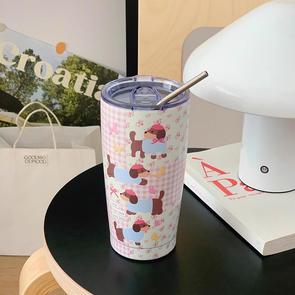 

Kawaii Puppy Thermos Bottle Tumbler 550ml Cute Portable Tea Coffee Mug Stainless Steel Thermal Cup With Straw Girl Water Bottle 550ml рожевий