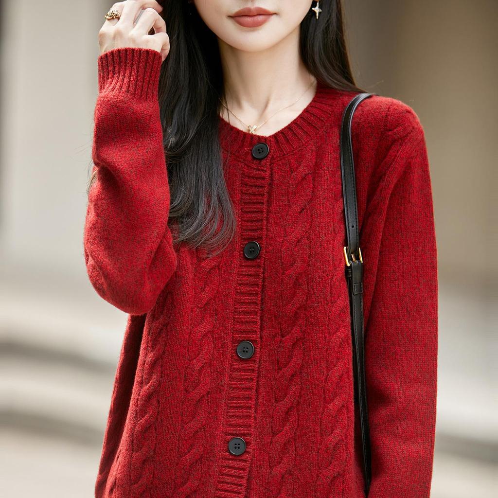 2026 Autumn/Winter Women's Cashmere Wool Cable Knit Cardigan, Round Neck, Long Sleeve, Loose Heather Yarn Sweater