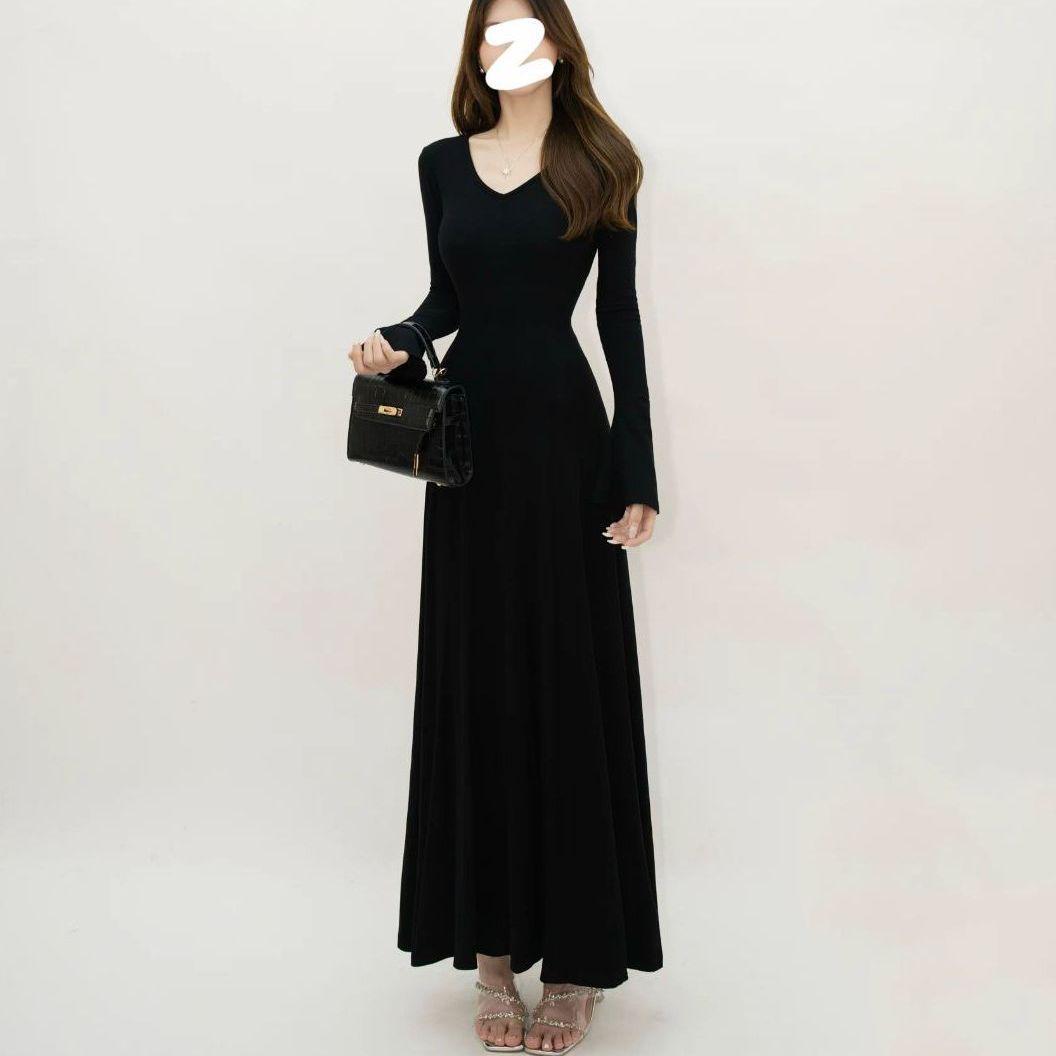 Hepburn-Style Trumpet Sleeve Black Long Dress - Autumn Slimming, Cinched Waist, Large Hem Small чёрный