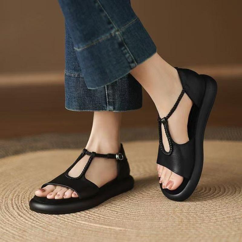 Retro New Style Open-toe Flat Sandals for Women, Soft Leather Sole, Anti-slip, Versatile and Stylish Shoes