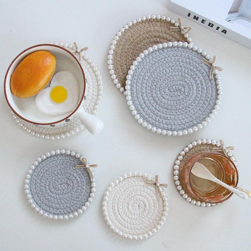 Pearl Ins Wind Cup Mat Handmade Woven Meal Mat Round Cup Mat Absorbent and Insulated Cup Mat